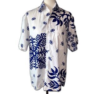 Vintage Mamo Howell Aloha Shirt Hawaiian Quilt Pattern Blue White Medium